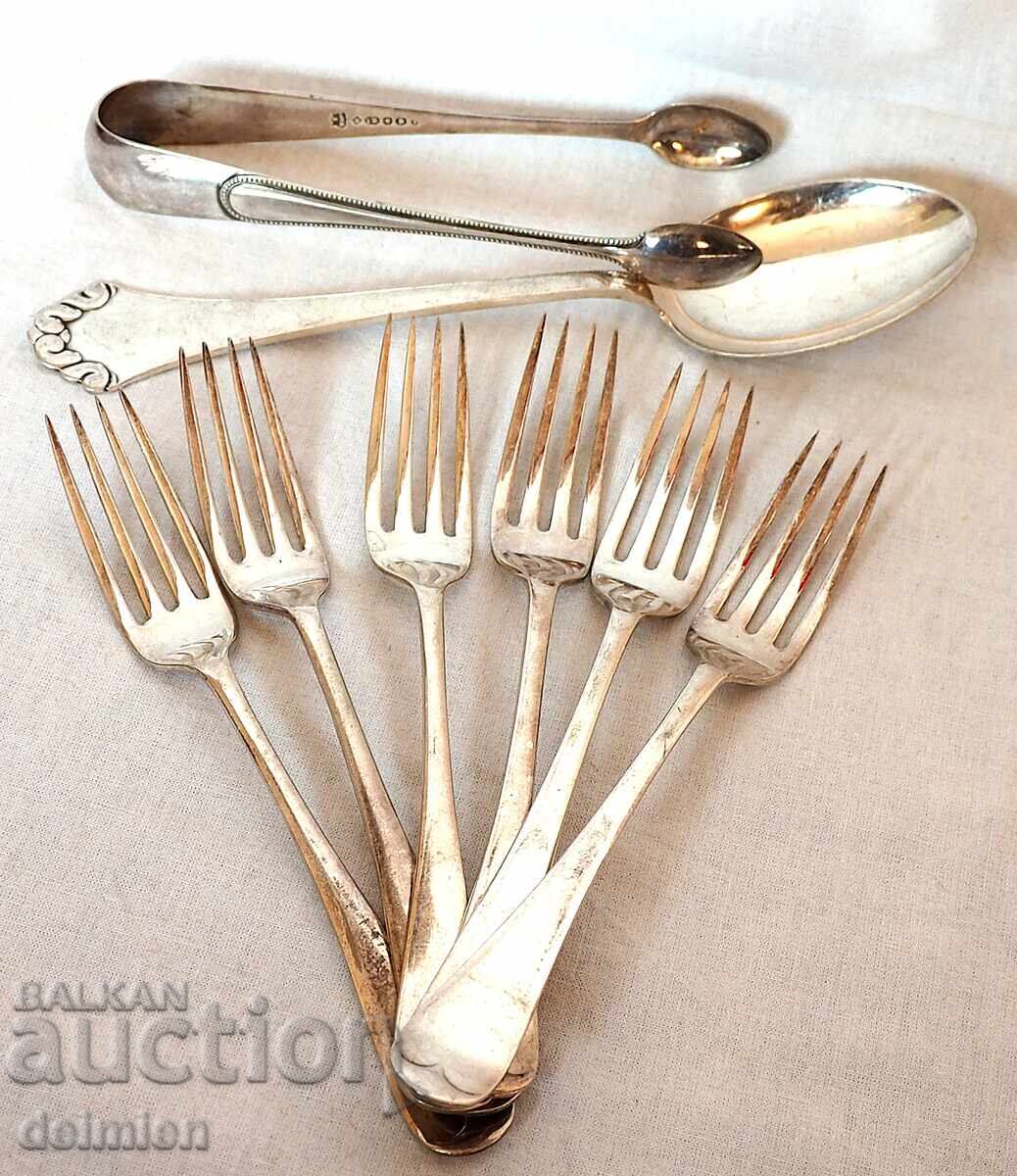 ANTIQUE CUTLERY FORKS SPOON TONGS SILVER PLATED ENGLAND with price € 0.01 | 0.02 BGN