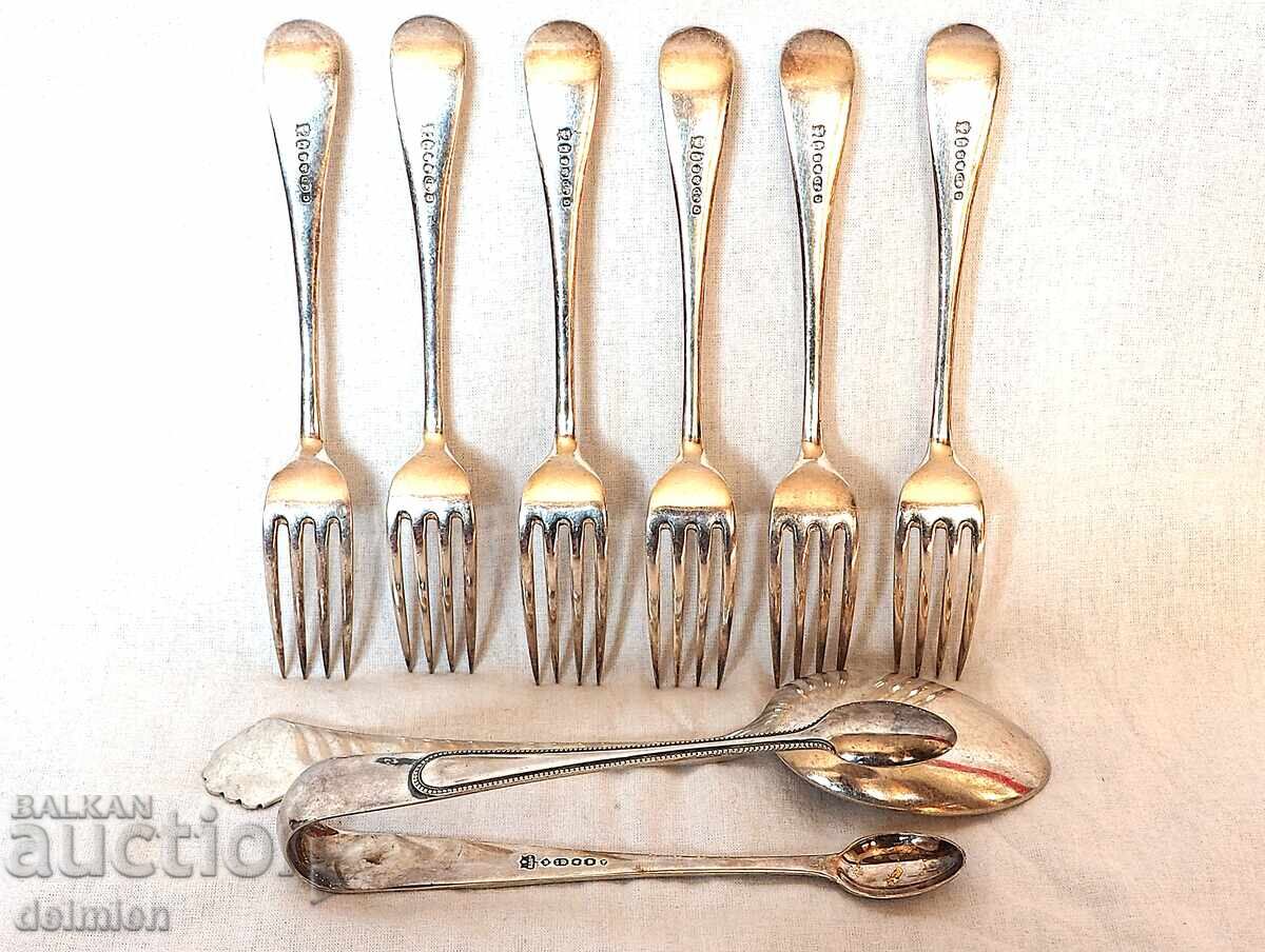 ANTIQUE CUTLERY FORKS SPOON TONGS SILVER PLATED ENGLAND