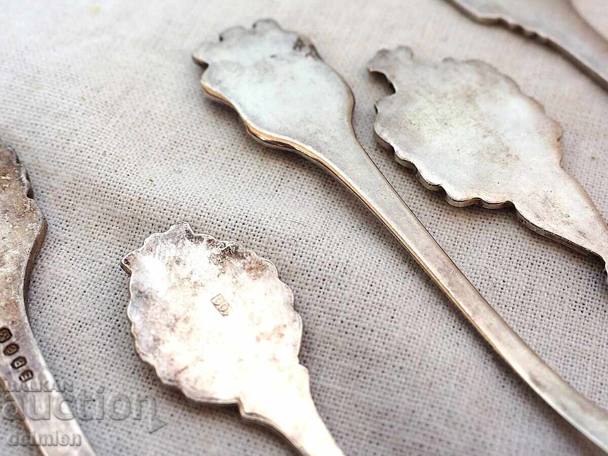 6 PIECES VINTAGE SILVER PLATED COFFEE TEA SPOONS ENAMEL, COLLECTION - 6