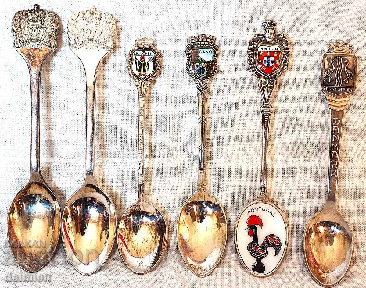 6 PIECES VINTAGE SILVER PLATED COFFEE TEA SPOONS ENAMEL, COLLECTION