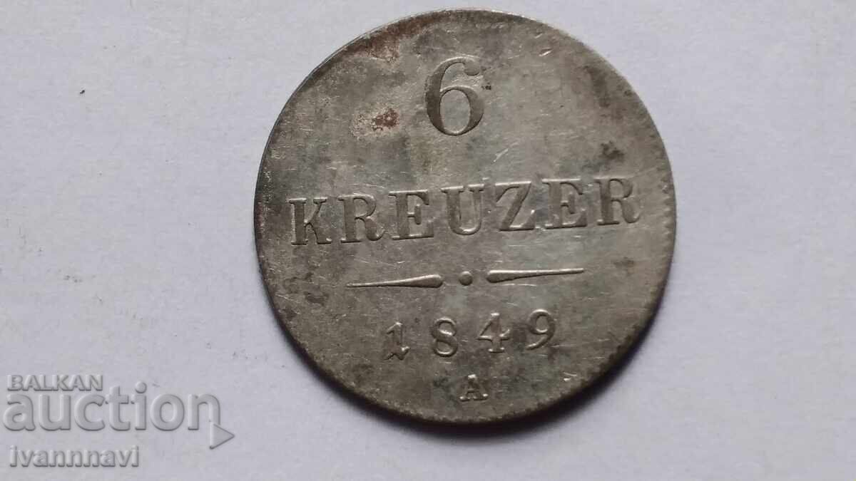 6 kreuzers 1849 A in AU condition