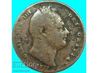 Великобритания 1 фартинг 1837 Вилиам IV бронз рядка