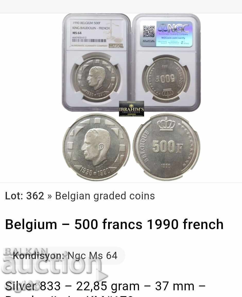 Licitație Monedă jubiliară din argint, certificată, Belgia, 500 Franci