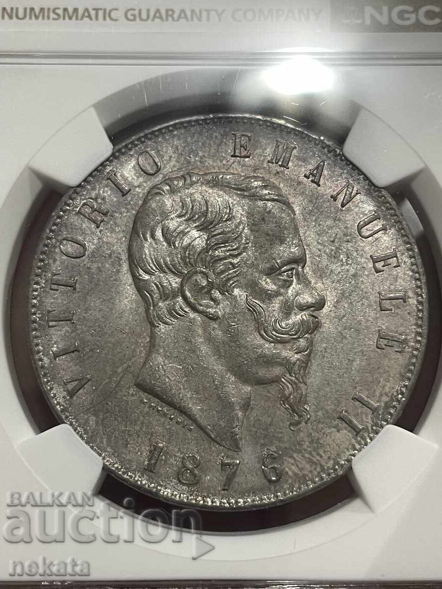 Italy, 5 lire 1876 AU58 NGC with price € 150.00 | 293.37 BGN