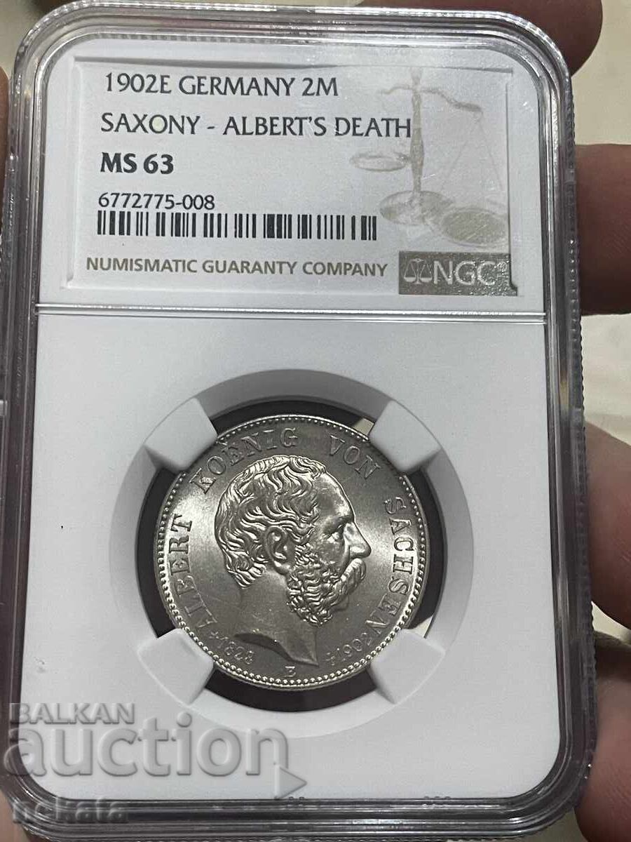 Γερμανική Αυτοκρατορία - Σαξονία, 2 μάρκα 1902 MS63 NGC