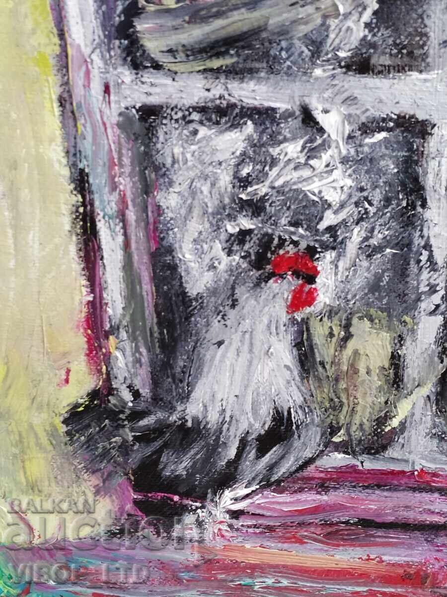 Licitație Pictură în ulei "Cocoșel matinal" + cadou o poezie de autor