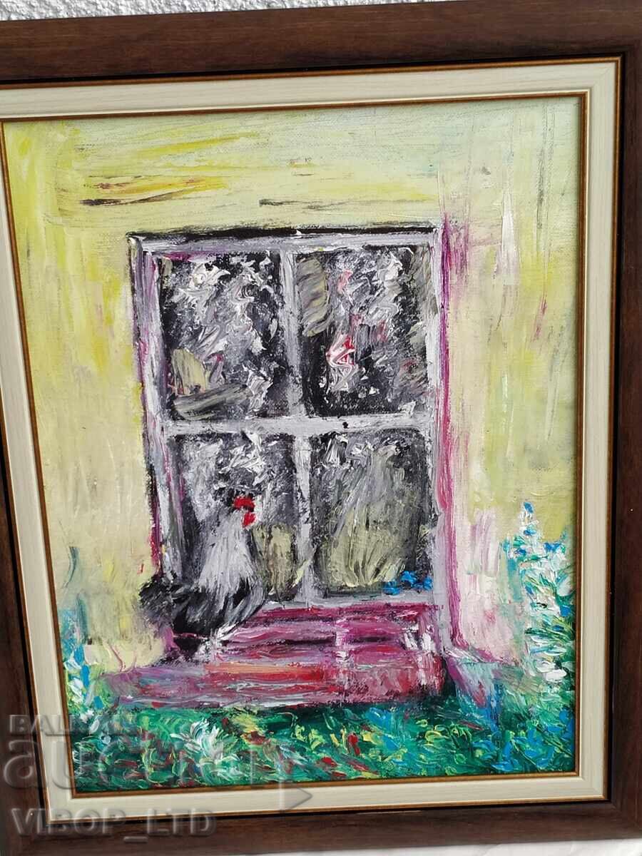 Pictură în ulei "Cocoșel matinal" + cadou o poezie de autor - 5