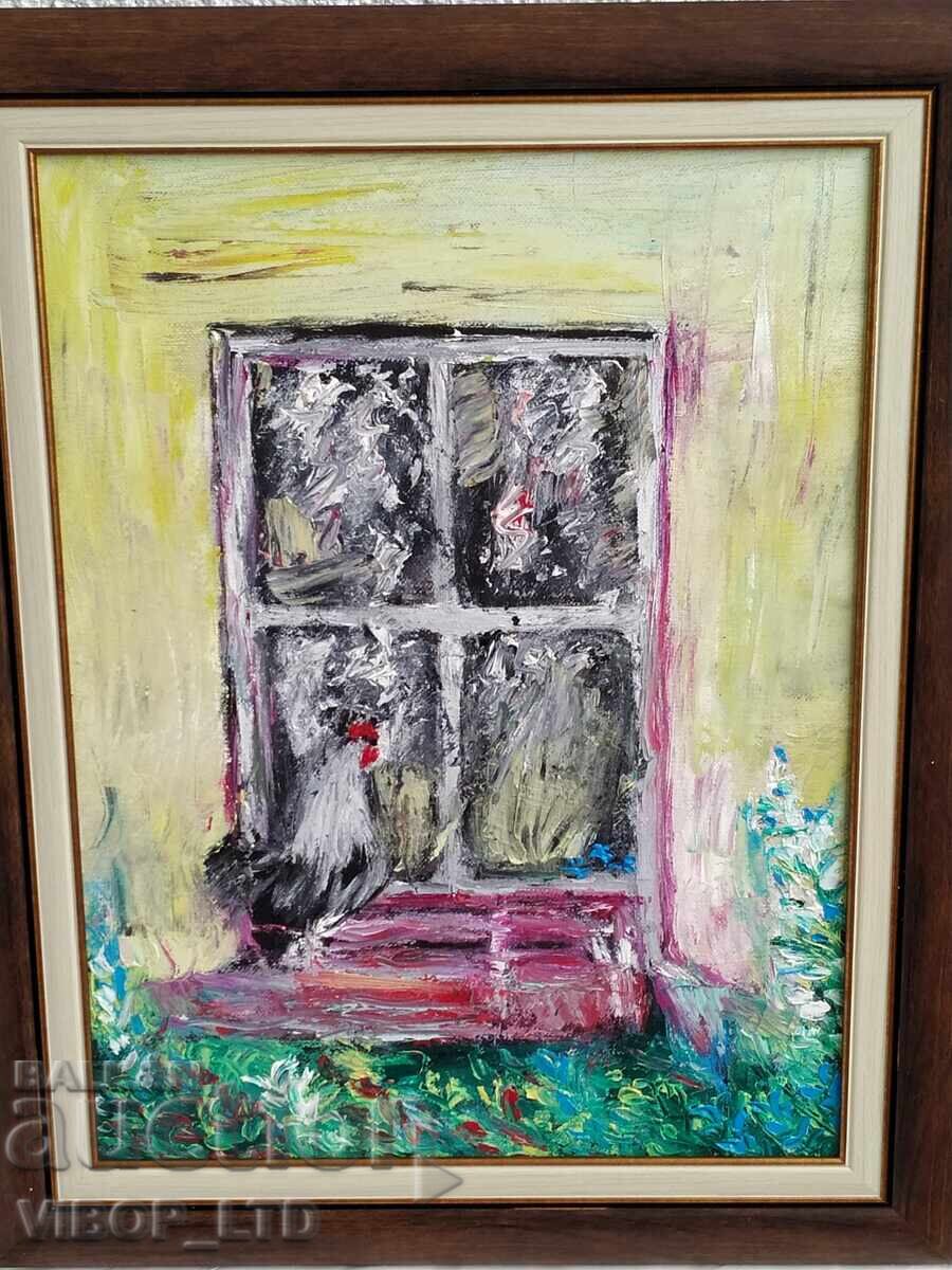 Pictură în ulei "Cocoșel matinal" + cadou o poezie de autor