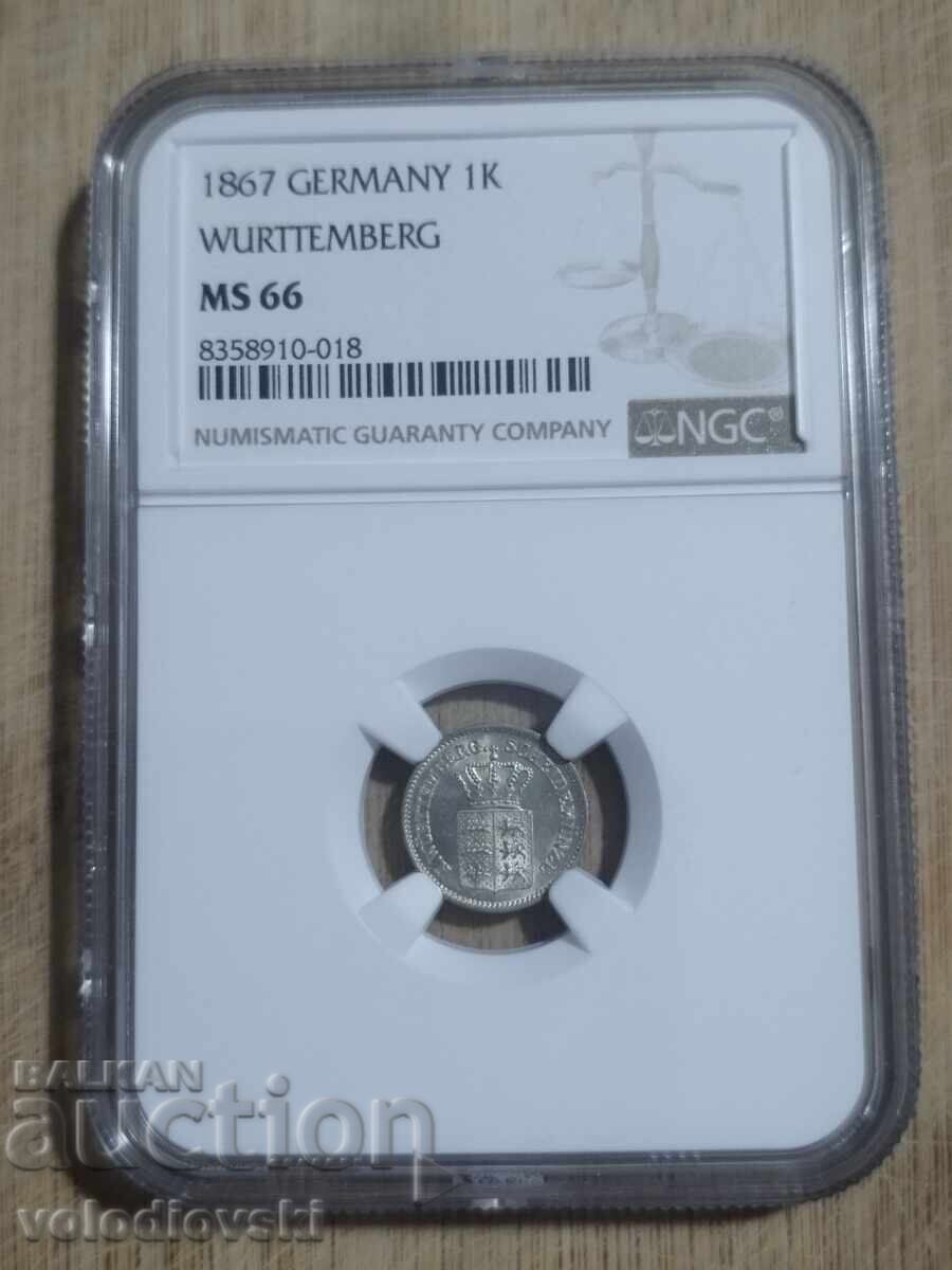 Licitație 1 Kreuzer 1867 Württemberg NGC MS 66 Top Pop Raritate