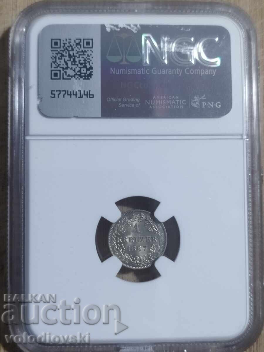 Livrarea 1 Kreuzer 1867 Württemberg NGC MS 66 Top Pop Raritate