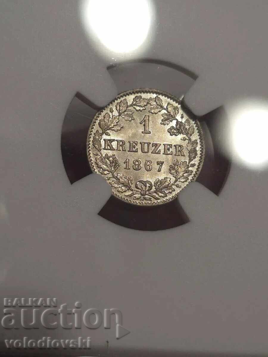 1 Kreuzer 1867 Württemberg NGC MS 66 Top Pop Raritate