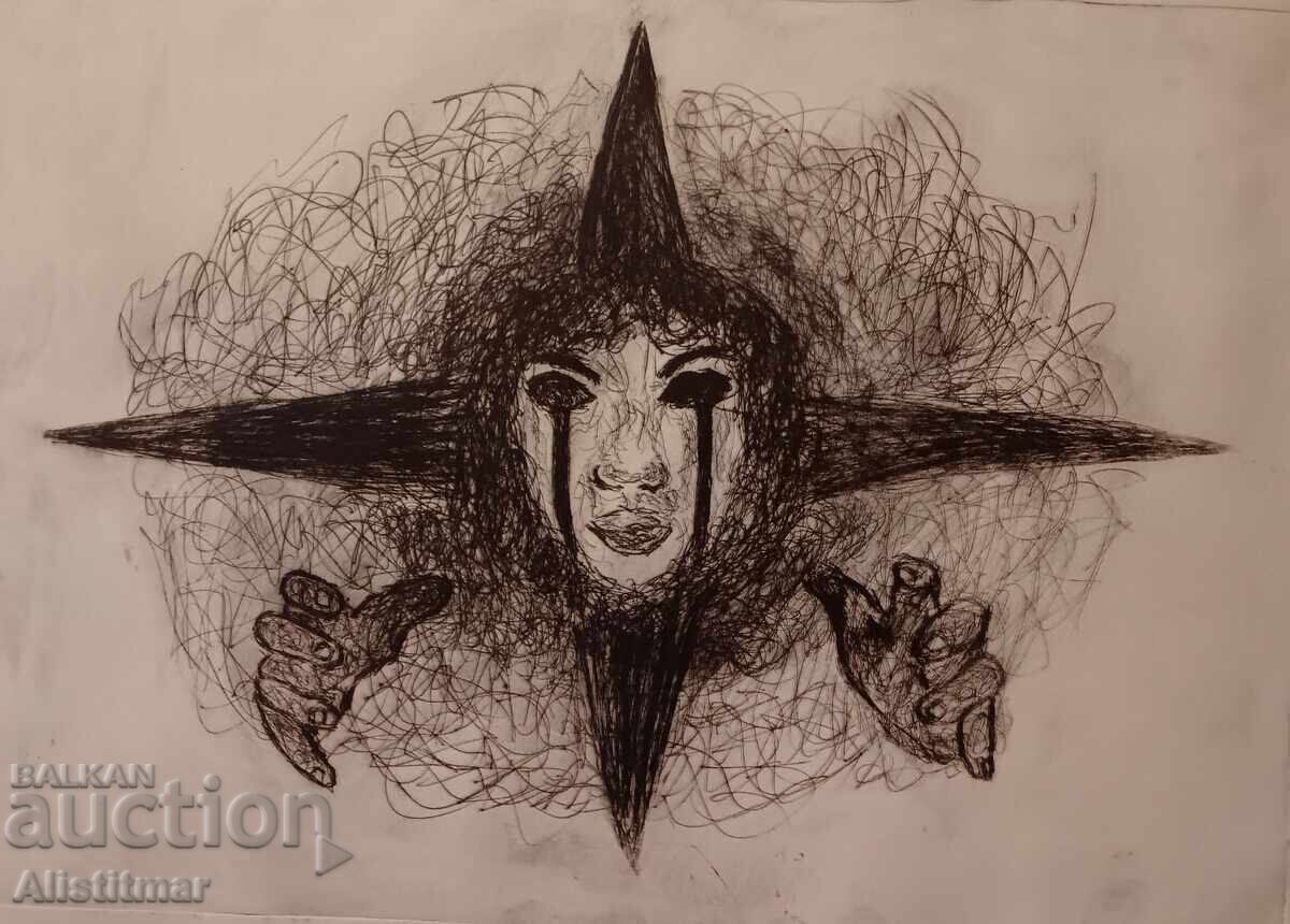 Tablou, cretă neagră, semnat, înrămat