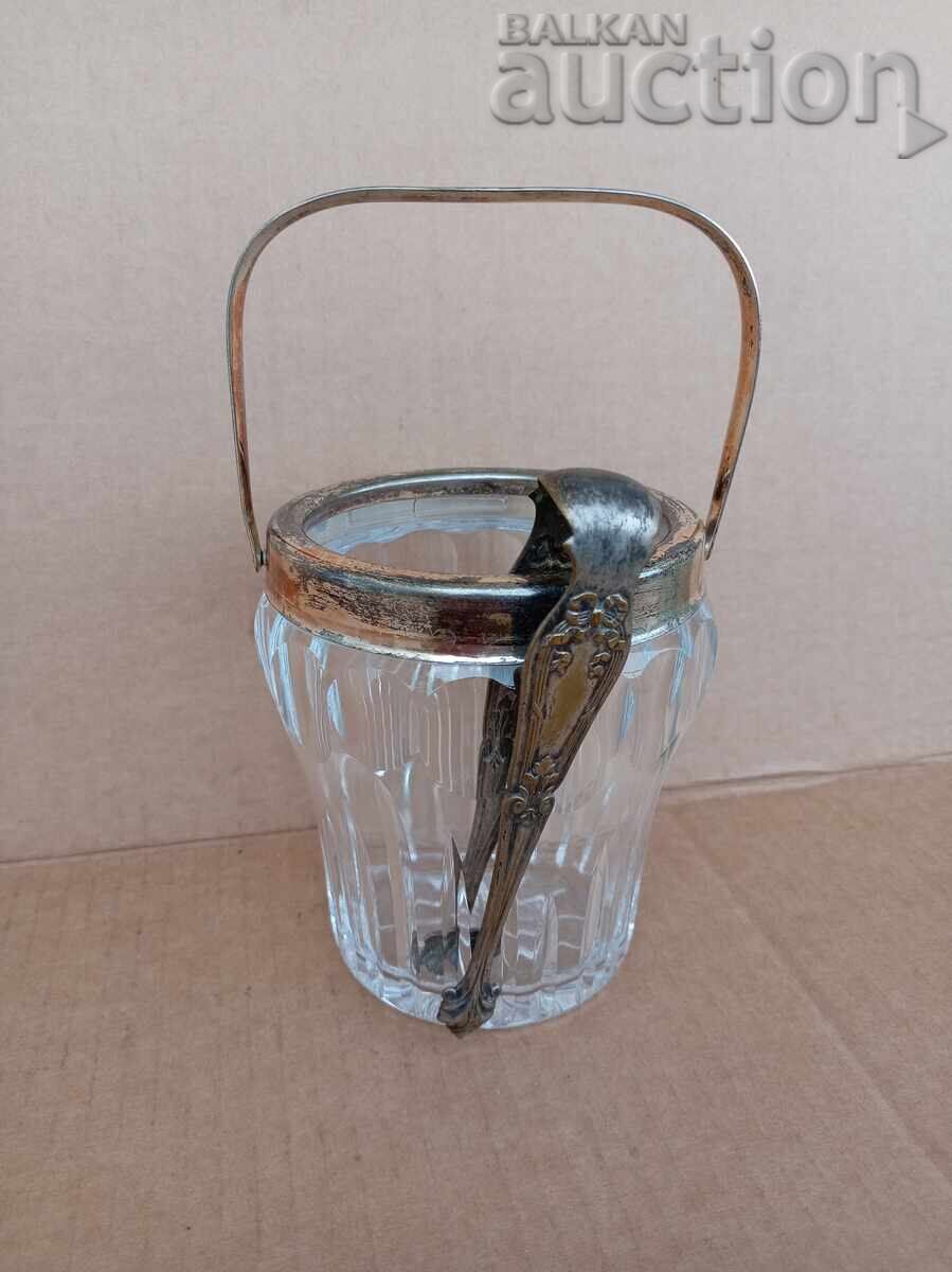 Licitație bol antic argintat pentru gheață și clește, cristal