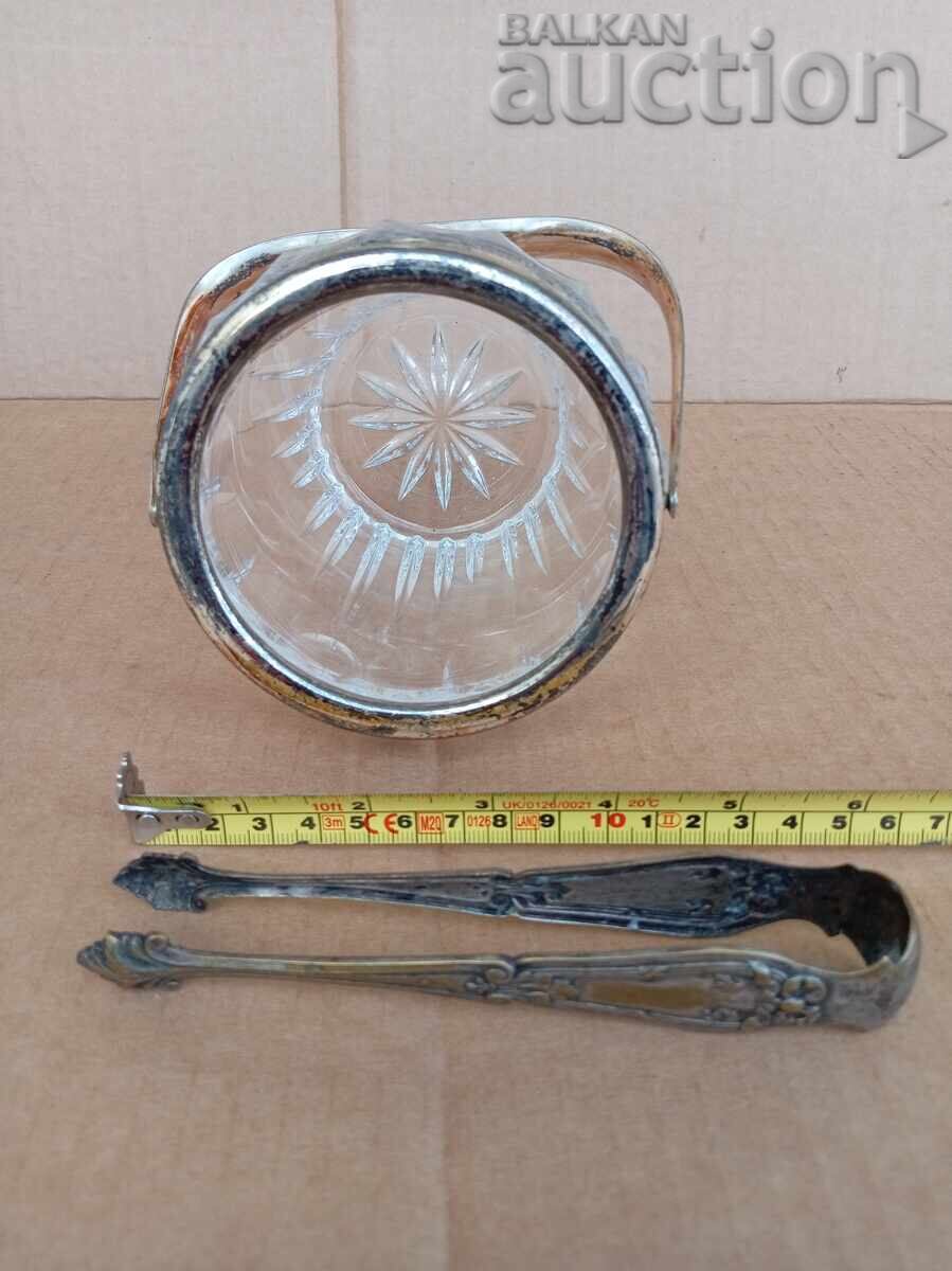 Livrarea bol antic argintat pentru gheață și clește, cristal