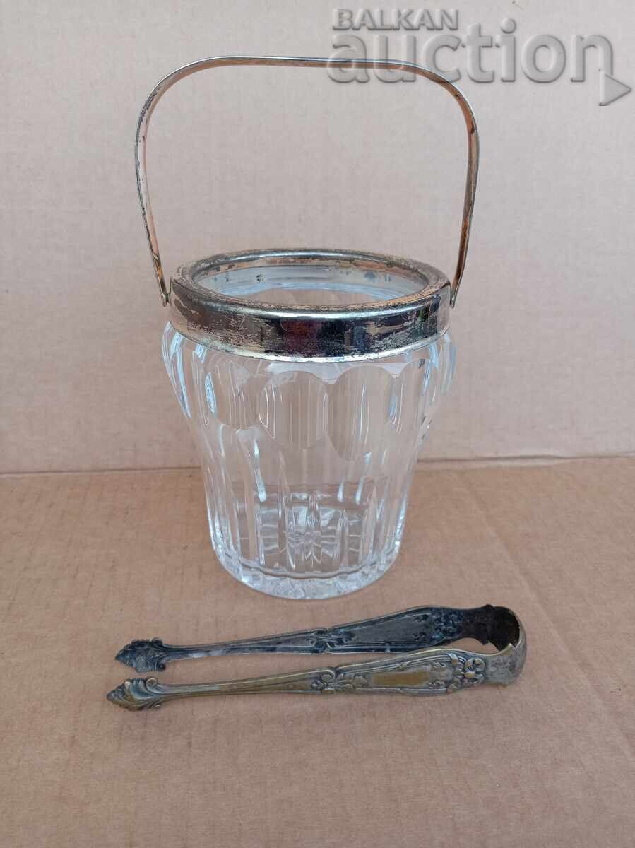 bol antic argintat pentru gheață și clește, cristal