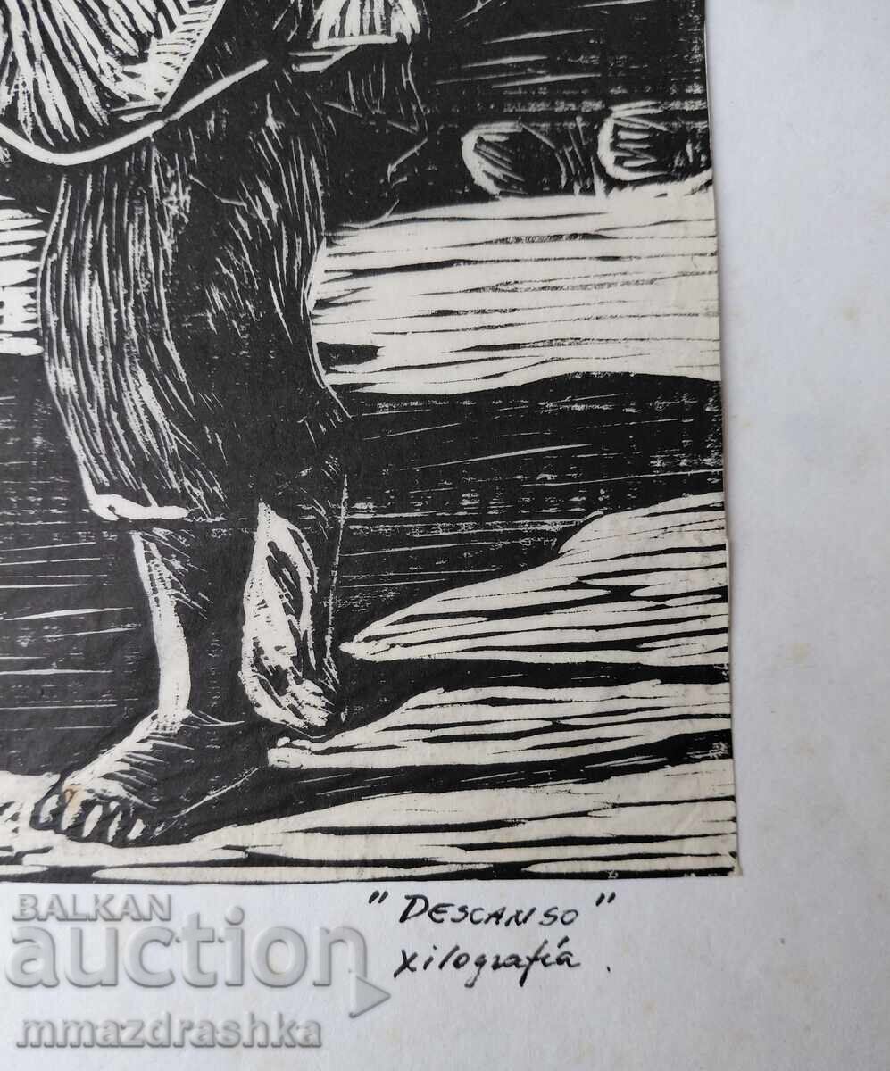 Δημοπρασία Παλαιός πίνακας Ξυλογραφία, με σφραγίδα έκθεσης