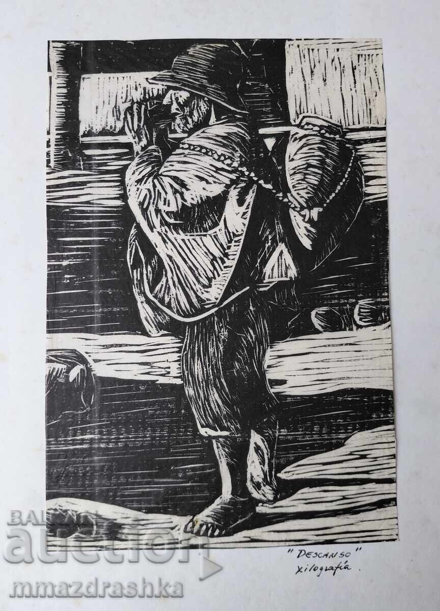 Παλαιός πίνακας Ξυλογραφία, με σφραγίδα έκθεσης