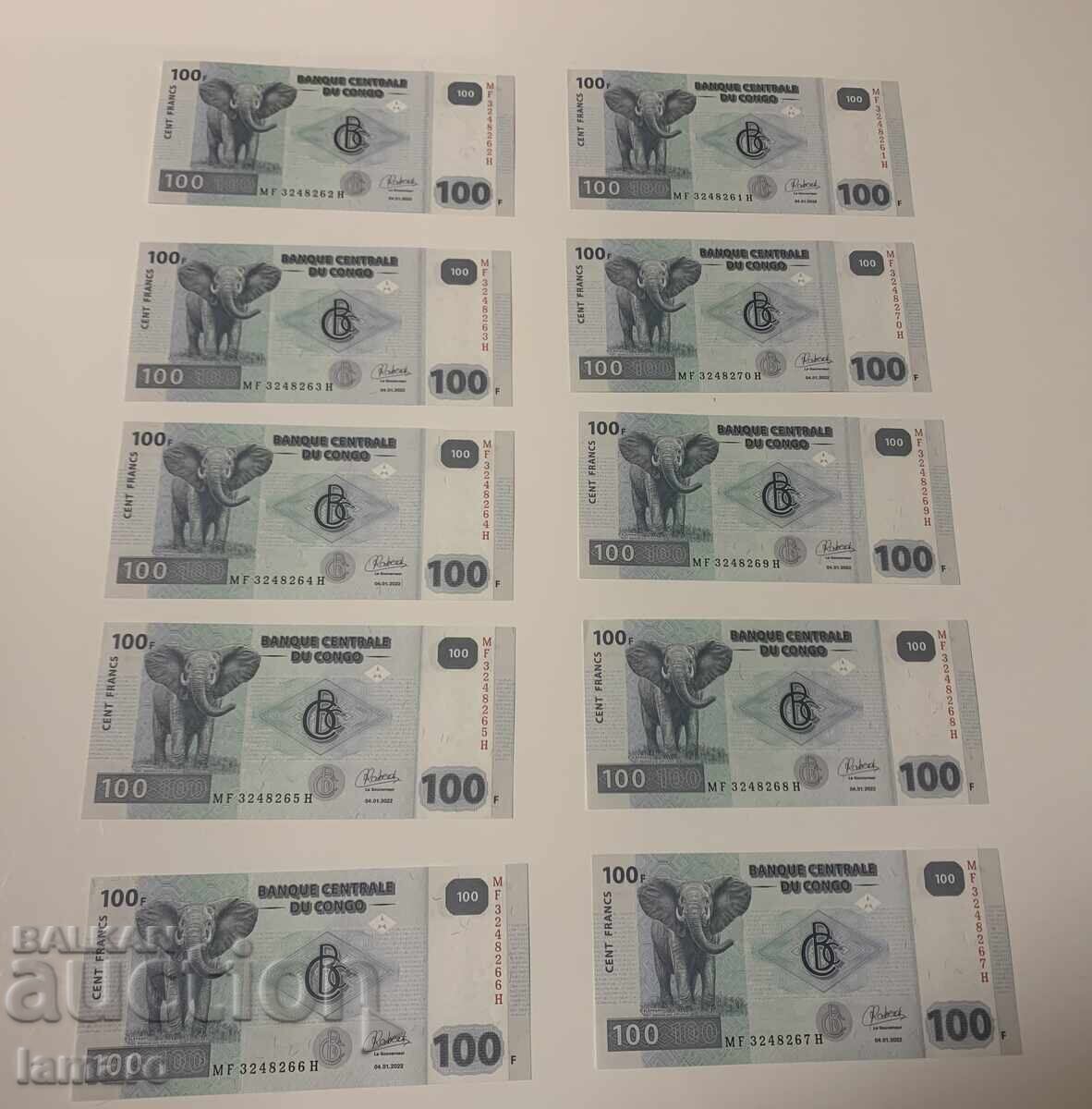 Παρτίδα 10 τραπεζογραμματίων 100 φράγκα Κονγκό UNC