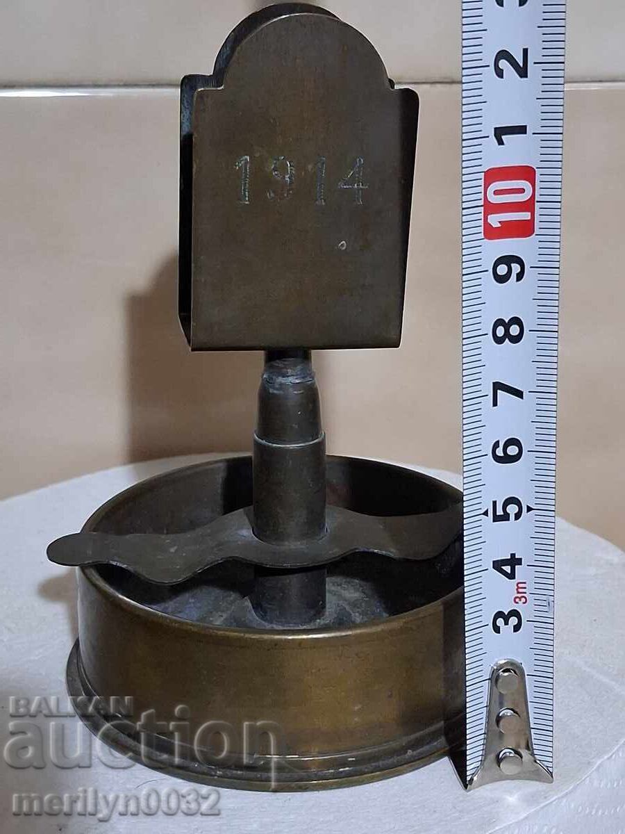 Livrarea Scrumieră de ofițer cu suport de chibrituri, artă de tranșee din Primul Război Mondial, alamă