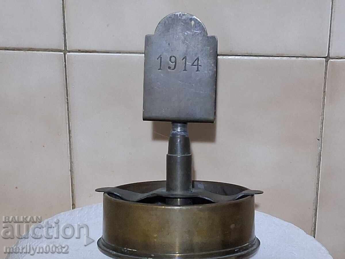 Scrumieră de ofițer cu suport de chibrituri, artă de tranșee din Primul Război Mondial, alamă