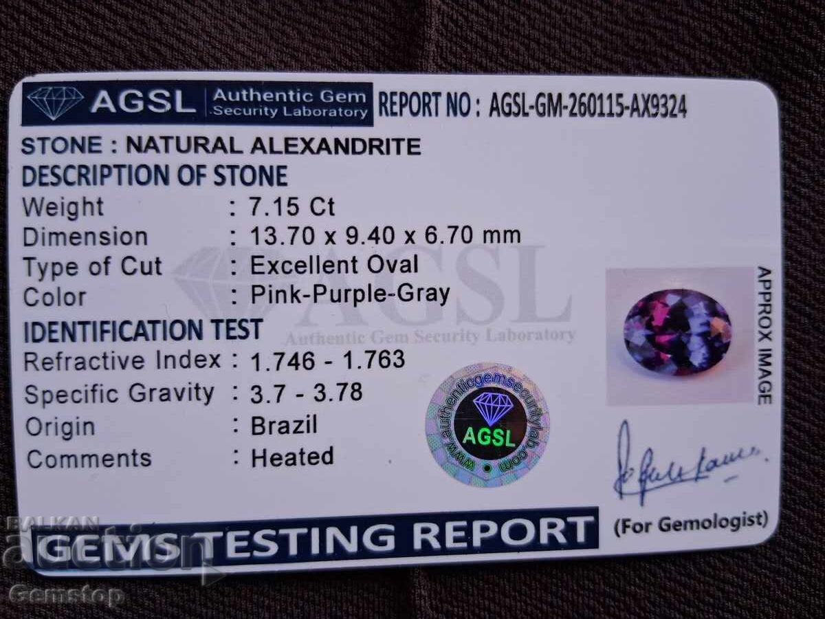 PR! 7.15 ct. alexandrit natural, oval, certificat AGSL, de la 1 RON! - 6