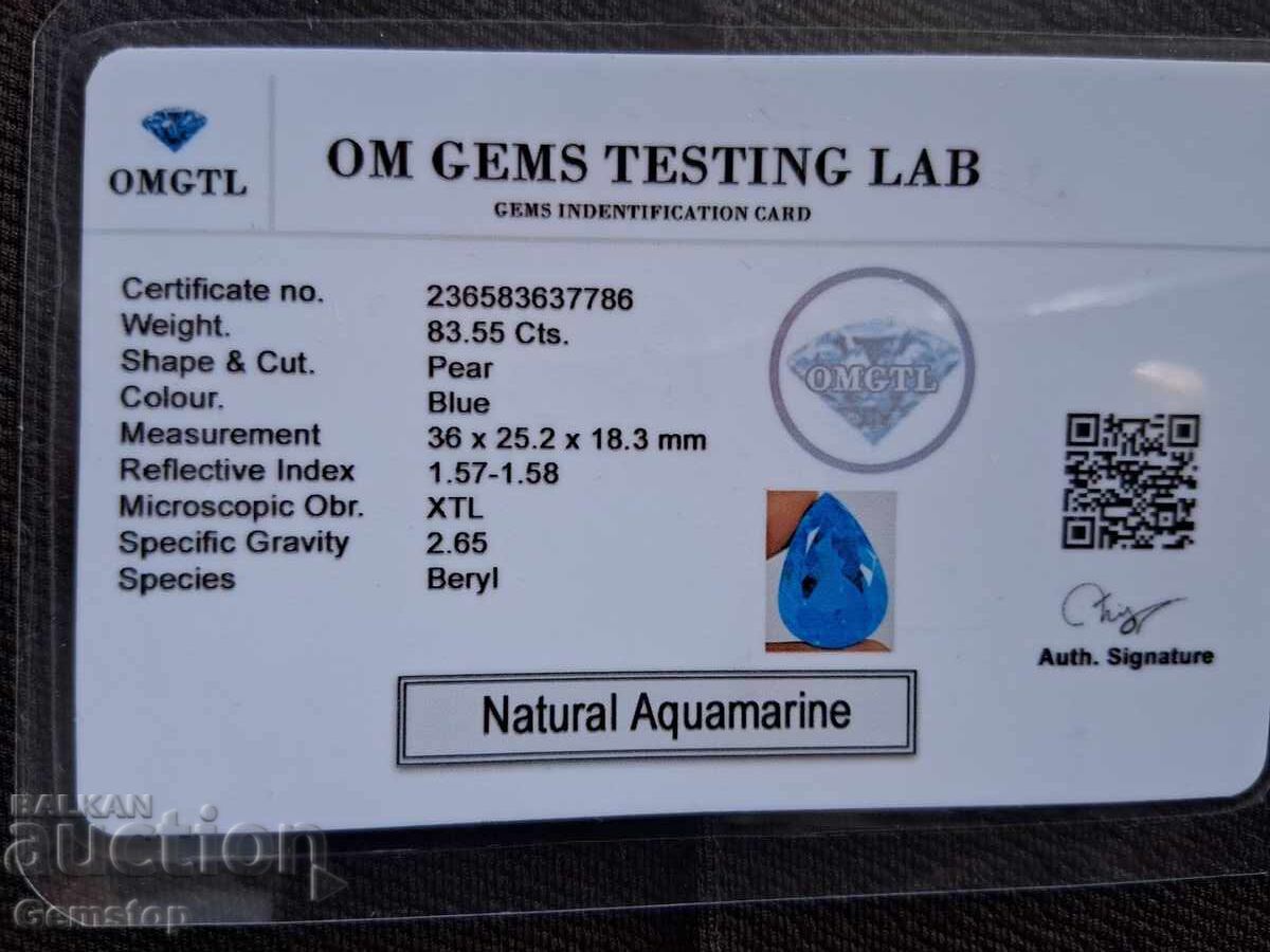 ΧΕ! 83.55 καράτια φυσικό ακουαμαρίνα σε σχήμα αχλαδιού με πιστοποιητικό OMGTL από 1€! - 7
