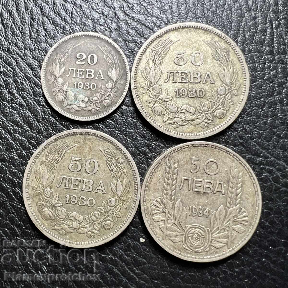 4 BUCĂȚI MONEDE DE ARGINT 20 50 LEVA 1930 50 LEVA 1934