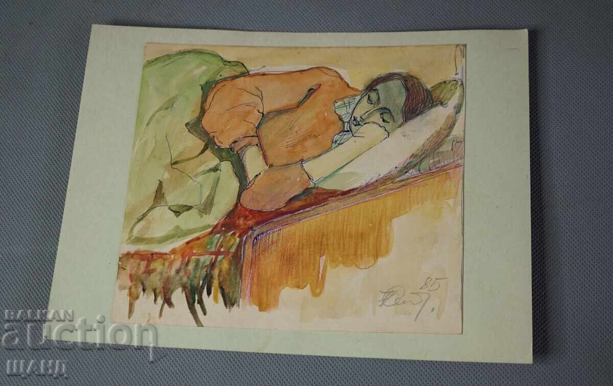 Old master drawing watercolor painting sleeping woman portrait