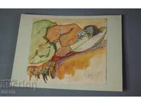 Desen vechi de maestru, pictură în acuarelă, portret femeie dormind