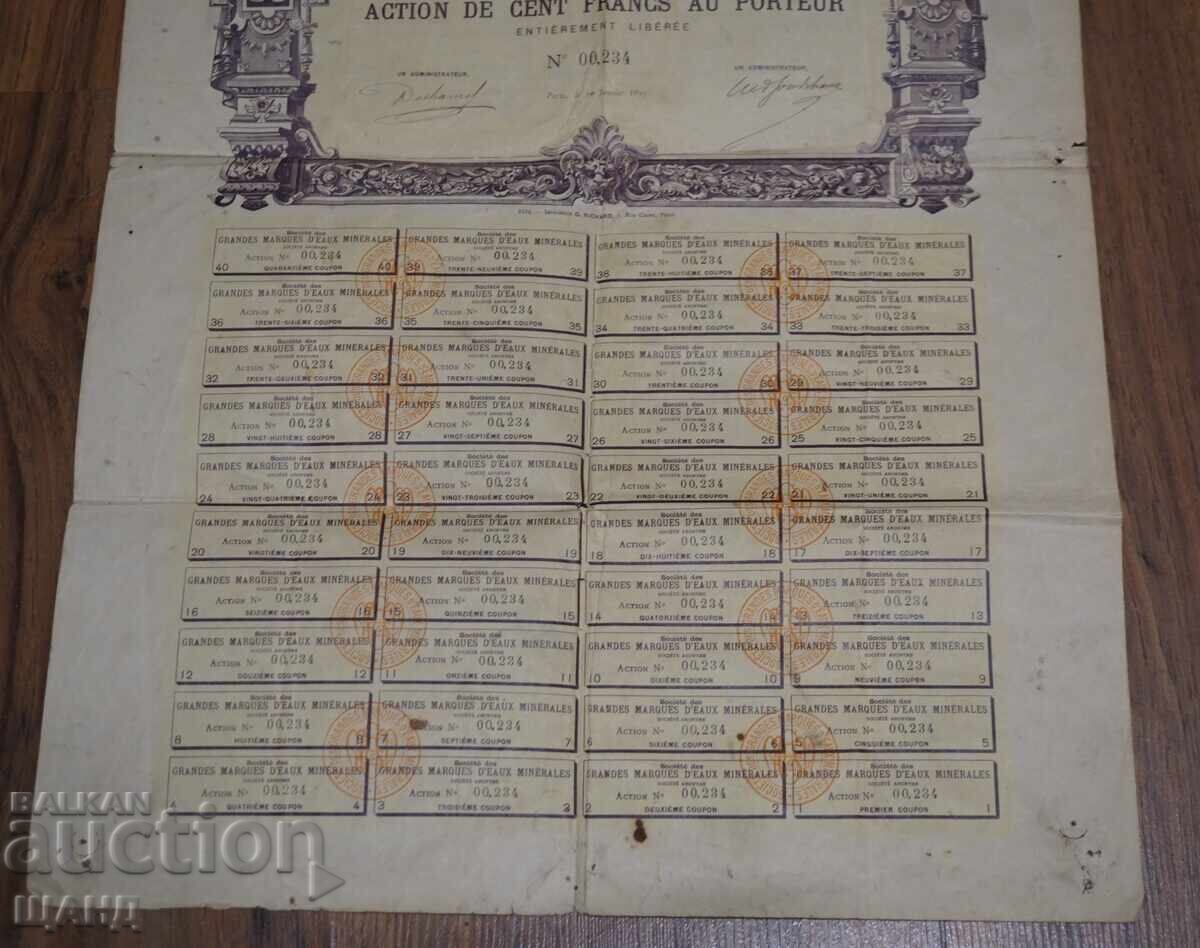 Auction  1895 France document share 100 francs
