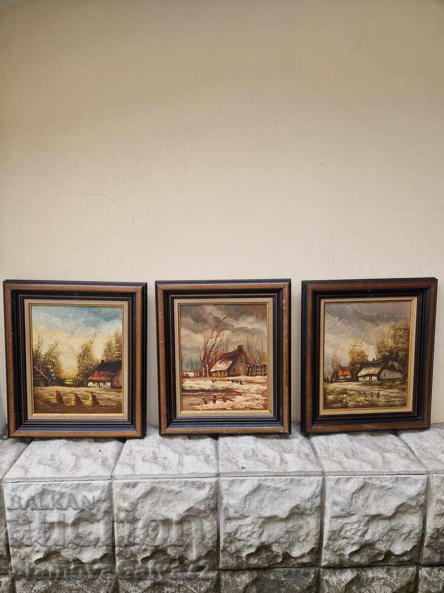 Lot minunat de 3 tablouri antice de autor, ulei pe pânză cu preț € 177.00 | 346.18 BGN