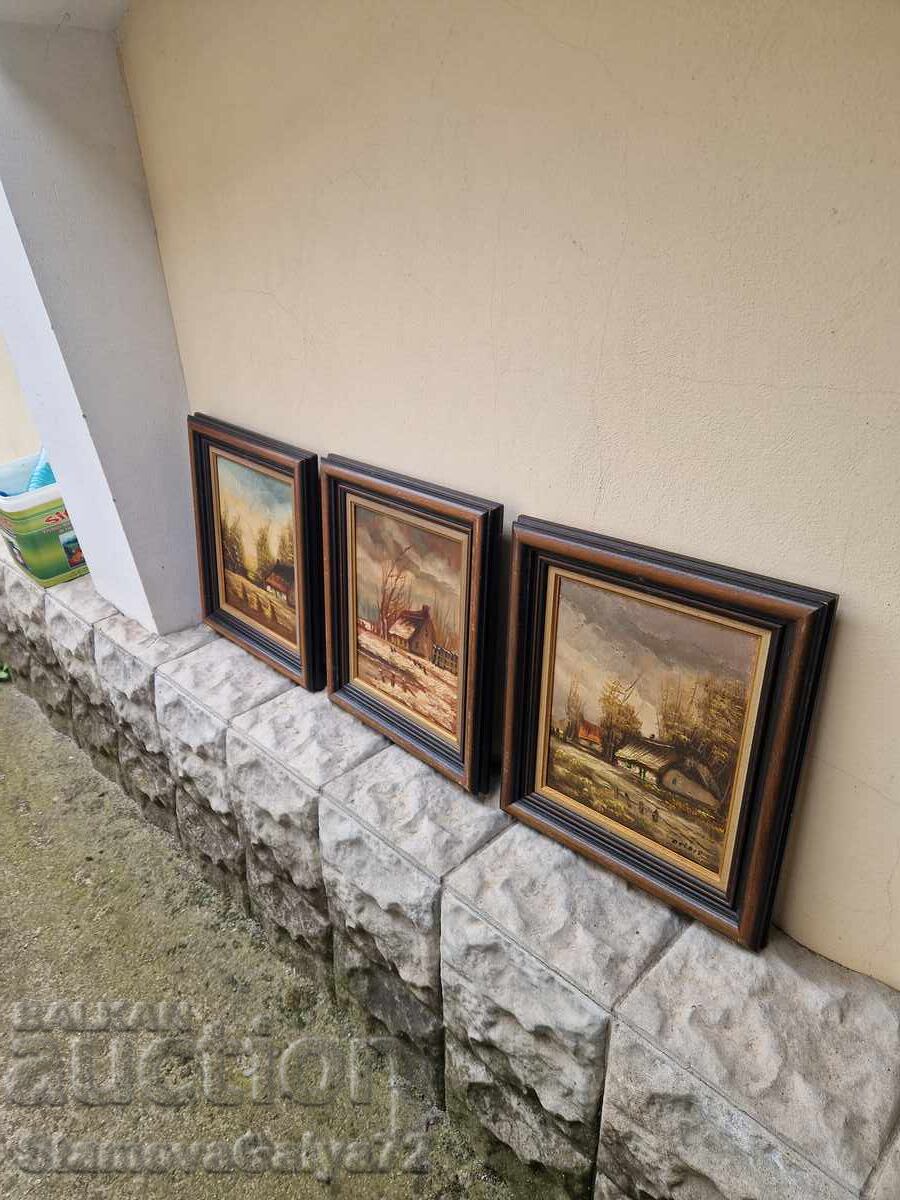 Livrarea Lot minunat de 3 tablouri antice de autor, ulei pe pânză