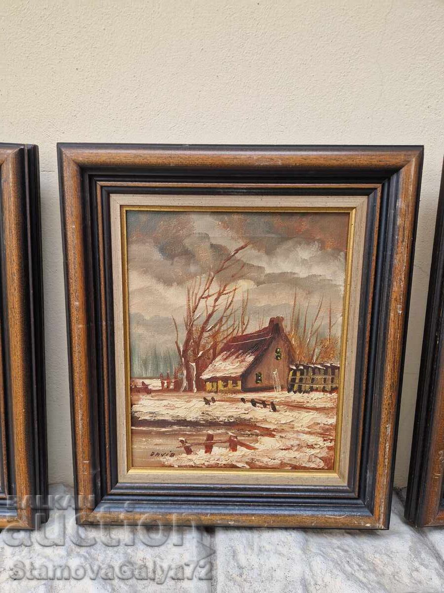 Lot minunat de 3 tablouri antice de autor, ulei pe pânză - 6