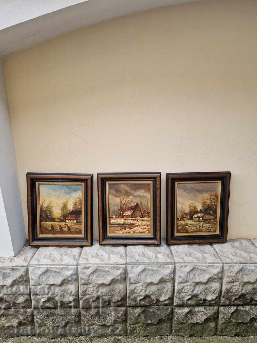 Lot minunat de 3 tablouri antice de autor, ulei pe pânză