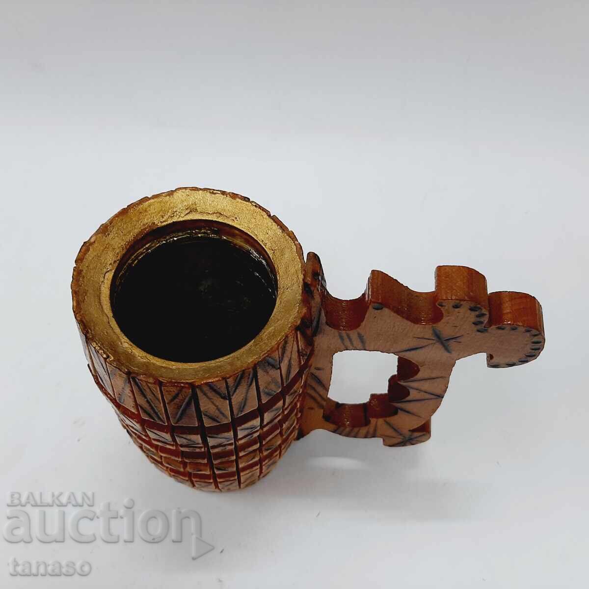 Cană veche din lemn pirogravat cu sticlă în interior (5.2) - 6