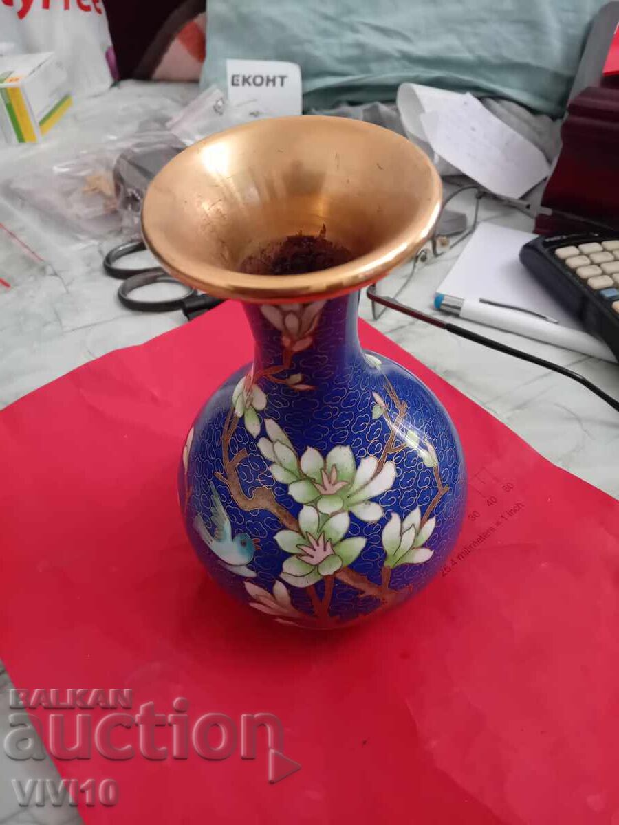 Vază veche, cloisonné, placată cu aur, email