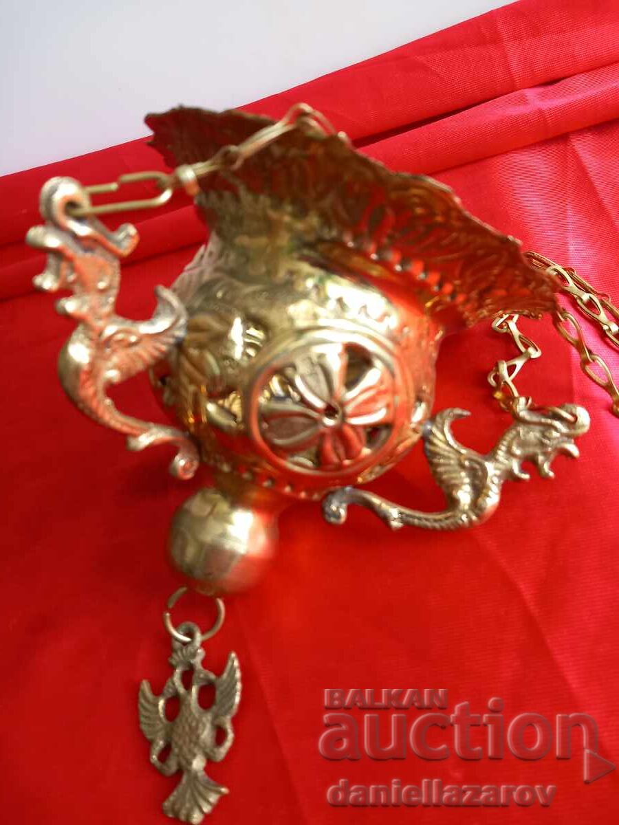 Candelă bisericească din alamă aurită, vultur bicefal