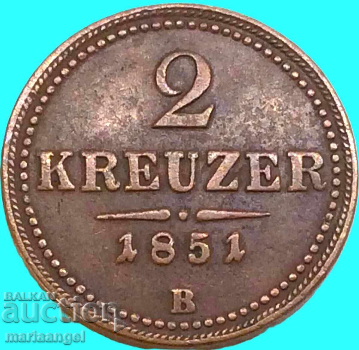 2 kreĭtseri 1851 Austria B - Kremnitz 11g - 5