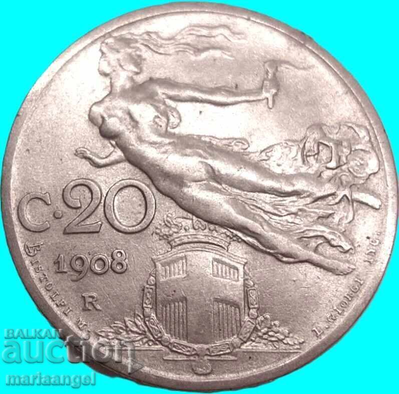 Италия 20 чентесими 1908