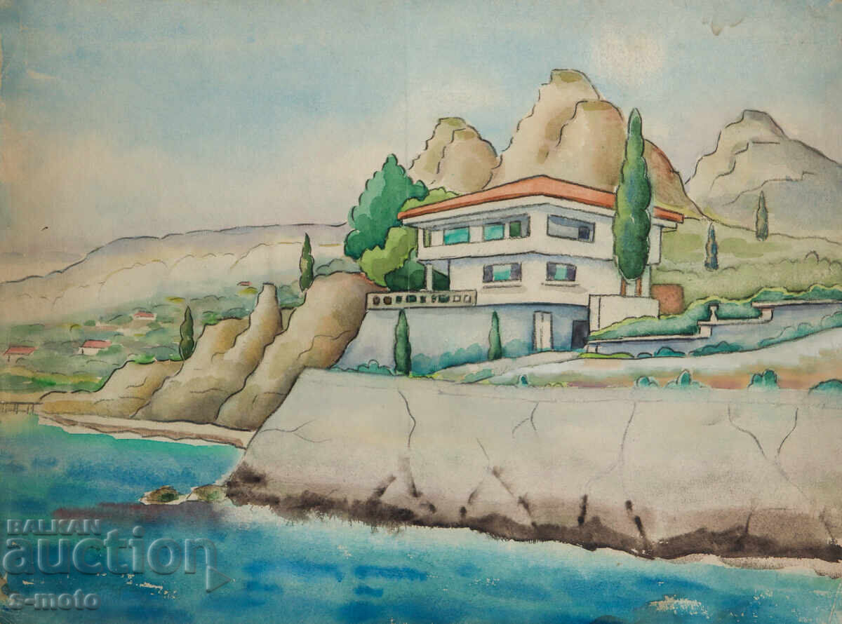 Παλιά ζωγραφική θαλασσογραφία ακουαρέλα