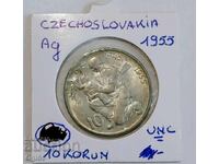 Monedă veche jubiliară din argint din Cehoslovacia 10 coroane 1955