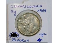 Monedă veche jubiliară din argint din Cehoslovacia 10 coroane 1955
