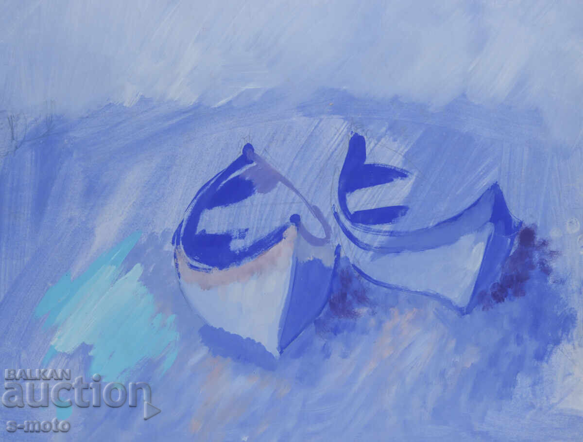 Картина темпера пейзаж рибарски лодки - 5