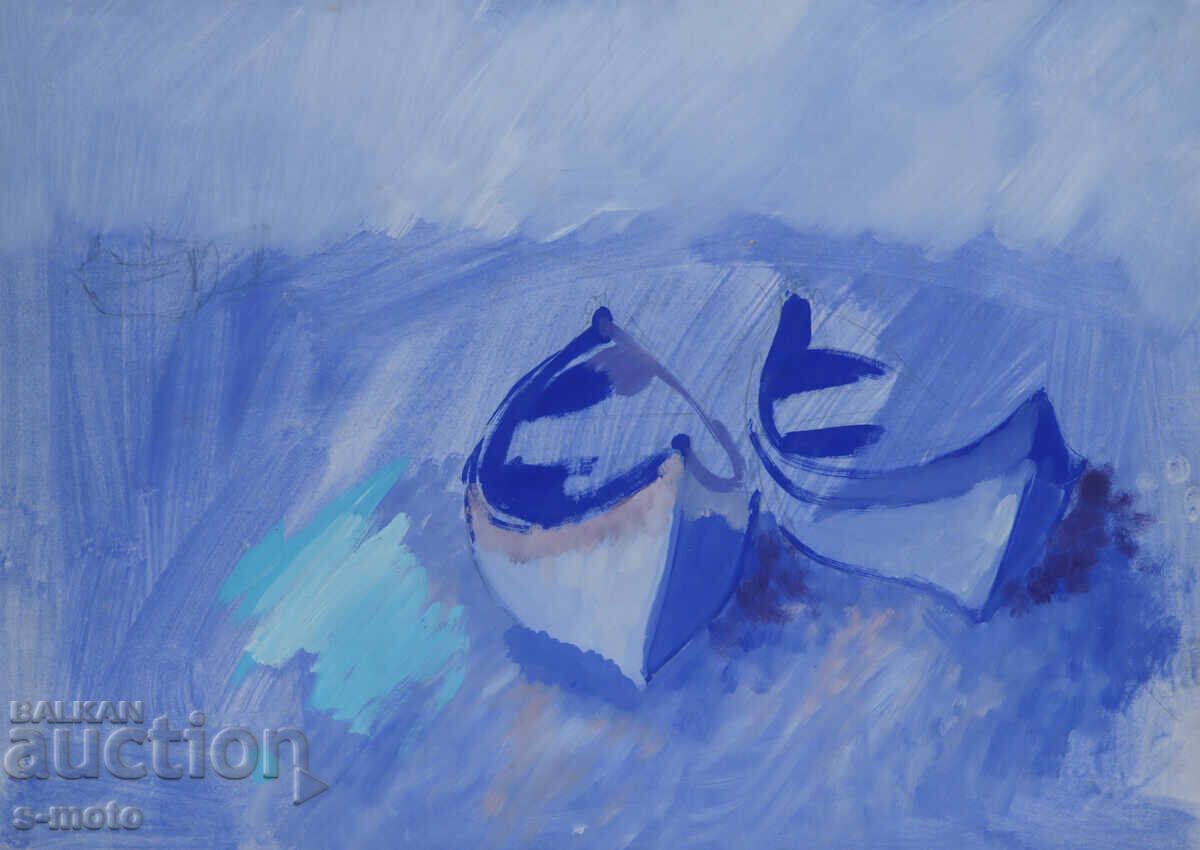 Картина темпера пейзаж рибарски лодки