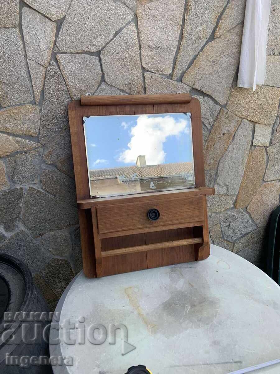 OGLINDĂ CU SUPORT PENTRU PROSOAPE MASĂ DE TOALETĂ DE PERETE ANTICĂ DIN LEMN