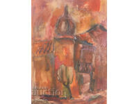 Pictură acuarelă peisaj rural, case