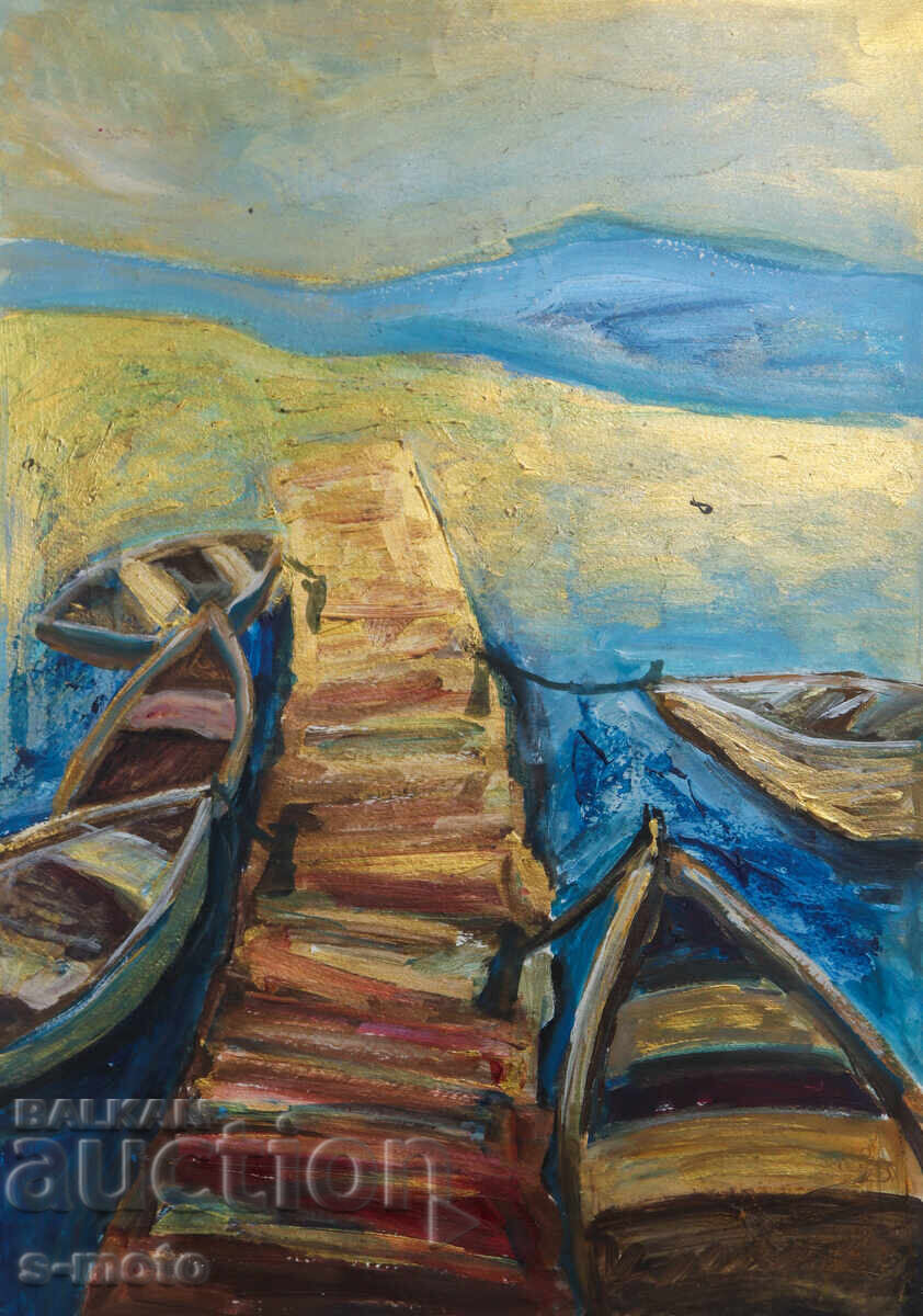 Tablou tempera peisaj bărci pescărești