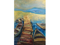 Картина темпера пейзаж рибарски лодки