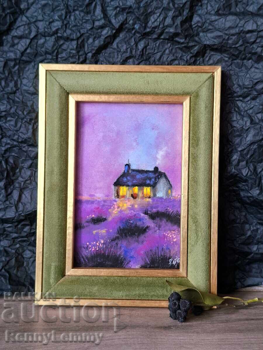 Night in a lavender field, miniature, pastel with price € 28.00 | 54.76 BGN