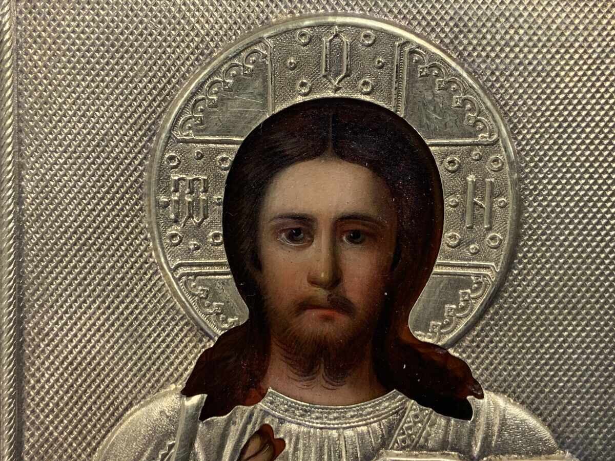Tsarist Russia icon late 19th century lacquer oil painting oklad